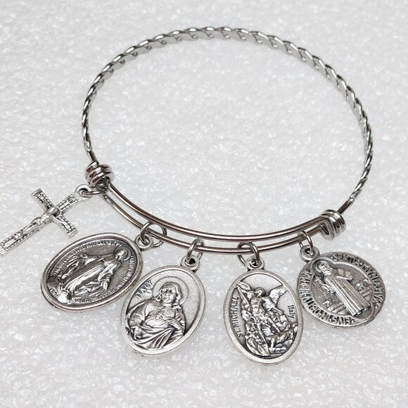 Saint Michael Guardian Angel Charm Bangle Bracelet Spiritual Catholic Jewelry - Picture 1 of 6